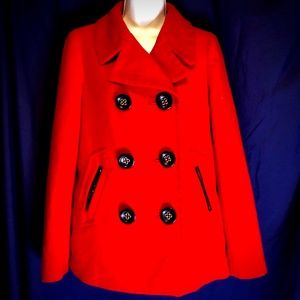 Anne Klein Cardinal Red Double Breasted Jacket With Leather Trim, Size S